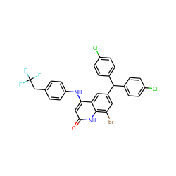 O=c1cc(Nc2ccc(CC(F)(F)F)cc2)c2cc(C(c3ccc(Cl)cc3)c3ccc(Cl)cc3)cc(Br)c2[nH]1 ZINC001772592387