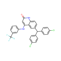 O=c1cc(Nc2cccc(C(F)(F)F)c2)c2cc(C(c3ccc(Cl)cc3)c3ccc(Cl)cc3)ccc2[nH]1 ZINC001772655563