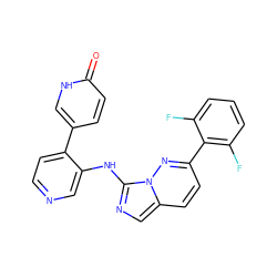 O=c1ccc(-c2ccncc2Nc2ncc3ccc(-c4c(F)cccc4F)nn23)c[nH]1 ZINC000142895458