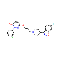 O=c1ccc(OCCCN2CCC(c3noc4cc(F)ccc34)CC2)nn1-c1cccc(Cl)c1 ZINC001772574503