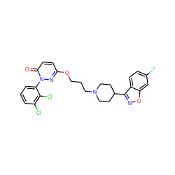 O=c1ccc(OCCCN2CCC(c3noc4cc(F)ccc34)CC2)nn1-c1cccc(Cl)c1Cl ZINC001772612364