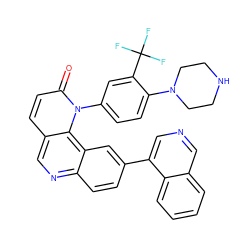 O=c1ccc2cnc3ccc(-c4cncc5ccccc45)cc3c2n1-c1ccc(N2CCNCC2)c(C(F)(F)F)c1 ZINC000064539480