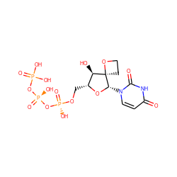 O=c1ccn([C@@H]2O[C@H](CO[P@@](=O)(O)O[P@@](=O)(O)OP(=O)(O)O)[C@@H](O)[C@]23CCO3)c(=O)[nH]1 ZINC000103266438
