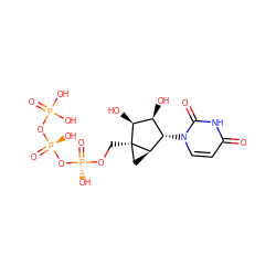 O=c1ccn([C@H]2[C@H](O)[C@H](O)[C@]3(CO[P@@](=O)(O)O[P@@](=O)(O)OP(=O)(O)O)C[C@H]23)c(=O)[nH]1 ZINC000045389461