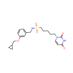 O=c1ccn(CCCCCS(=O)(=O)NCc2cccc(OCC3CC3)c2)c(=O)[nH]1 ZINC000116100434