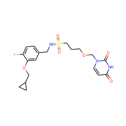 O=c1ccn(COCCCS(=O)(=O)NCc2ccc(F)c(OCC3CC3)c2)c(=O)[nH]1 ZINC000116097114