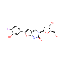 O=c1nc2oc(-c3ccc(I)c(O)c3)cc2cn1[C@H]1C[C@H](O)[C@@H](CO)O1 ZINC000028948554