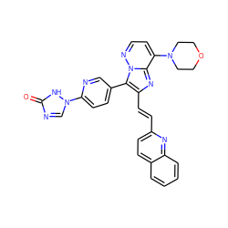 O=c1ncn(-c2ccc(-c3c(/C=C/c4ccc5ccccc5n4)nc4c(N5CCOCC5)ccnn34)cn2)[nH]1 ZINC001772578207