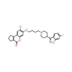 O=c1oc2cc(OCCCCN3CCC(c4noc5cc(F)ccc45)CC3)c(Cl)cc2c2c1CCC2 ZINC000103268635