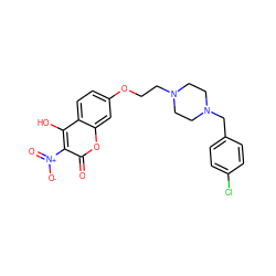 O=c1oc2cc(OCCN3CCN(Cc4ccc(Cl)cc4)CC3)ccc2c(O)c1[N+](=O)[O-] ZINC000029238116