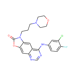 O=c1oc2cc3ncnc(Nc4ccc(F)c(Cl)c4)c3cc2n1CCCN1CCOCC1 ZINC000084669566