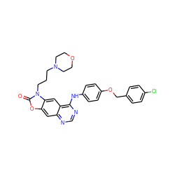 O=c1oc2cc3ncnc(Nc4ccc(OCc5ccc(Cl)cc5)cc4)c3cc2n1CCCN1CCOCC1 ZINC000084710305