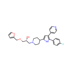 O[C@@H](COCc1ccco1)CN1CCC(c2cc(-c3ccncc3)c(-c3ccc(F)cc3)[nH]2)CC1 ZINC000028525916