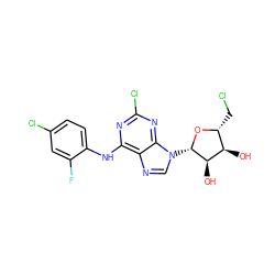 O[C@@H]1[C@@H](CCl)O[C@@H](n2cnc3c(Nc4ccc(Cl)cc4F)nc(Cl)nc32)[C@@H]1O ZINC001772642065