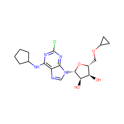 O[C@@H]1[C@@H](COC2CC2)O[C@@H](n2cnc3c(NC4CCCC4)nc(Cl)nc32)[C@@H]1O ZINC000013863899