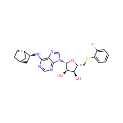 O[C@@H]1[C@@H](CSc2ccccc2F)O[C@@H](n2cnc3c(N[C@H]4C[C@H]5CC[C@H]4C5)ncnc32)[C@@H]1O ZINC000101142353