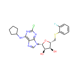 O[C@@H]1[C@@H](CSc2ccccc2F)O[C@@H](n2cnc3c(NC4CCCC4)nc(Cl)nc32)[C@@H]1O ZINC000040406222