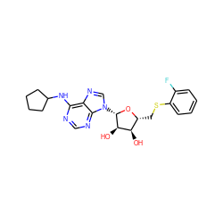 O[C@@H]1[C@@H](CSc2ccccc2F)O[C@@H](n2cnc3c(NC4CCCC4)ncnc32)[C@@H]1O ZINC000040917050