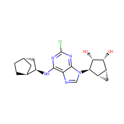 O[C@@H]1[C@H](O)[C@@H]2C[C@@H]2[C@H]1n1cnc2c(N[C@@H]3C[C@H]4CC[C@H]3C4)nc(Cl)nc21 ZINC000101499992