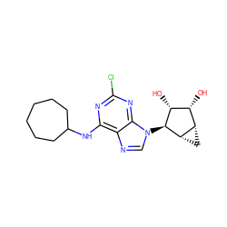 O[C@@H]1[C@H](O)[C@@H]2C[C@@H]2[C@H]1n1cnc2c(NC3CCCCCC3)nc(Cl)nc21 ZINC000084605082