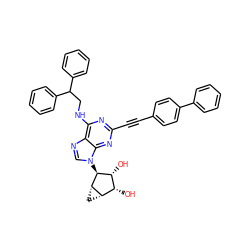 O[C@@H]1[C@H](O)[C@@H]2C[C@@H]2[C@H]1n1cnc2c(NCC(c3ccccc3)c3ccccc3)nc(C#Cc3ccc(-c4ccccc4)cc3)nc21 ZINC000084688003