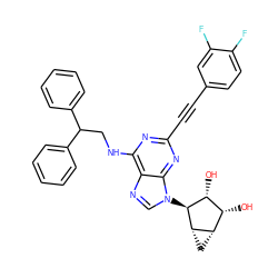 O[C@@H]1[C@H](O)[C@@H]2C[C@@H]2[C@H]1n1cnc2c(NCC(c3ccccc3)c3ccccc3)nc(C#Cc3ccc(F)c(F)c3)nc21 ZINC000084687374