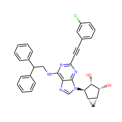 O[C@@H]1[C@H](O)[C@@H]2C[C@@H]2[C@H]1n1cnc2c(NCC(c3ccccc3)c3ccccc3)nc(C#Cc3cccc(Cl)c3)nc21 ZINC000084689040