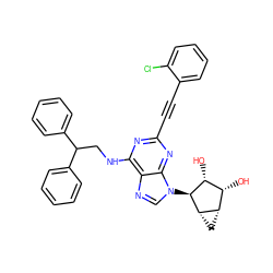 O[C@@H]1[C@H](O)[C@@H]2C[C@@H]2[C@H]1n1cnc2c(NCC(c3ccccc3)c3ccccc3)nc(C#Cc3ccccc3Cl)nc21 ZINC000084687375