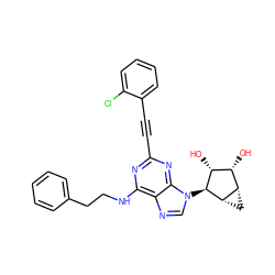 O[C@@H]1[C@H](O)[C@@H]2C[C@@H]2[C@H]1n1cnc2c(NCCc3ccccc3)nc(C#Cc3ccccc3Cl)nc21 ZINC000084687372