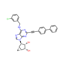 O[C@@H]1[C@H](O)[C@@H]2C[C@@H]2[C@H]1n1cnc2c(NCc3cccc(Cl)c3)nc(C#Cc3ccc(-c4ccccc4)cc3)nc21 ZINC000084688606