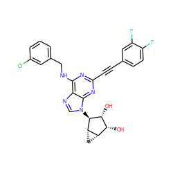 O[C@@H]1[C@H](O)[C@@H]2C[C@@H]2[C@H]1n1cnc2c(NCc3cccc(Cl)c3)nc(C#Cc3ccc(F)c(F)c3)nc21 ZINC000084689659