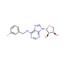 O[C@@H]1CO[C@@H](n2cnc3c(NCc4cccc(Cl)c4)ncnc32)[C@@H]1O ZINC000043074323