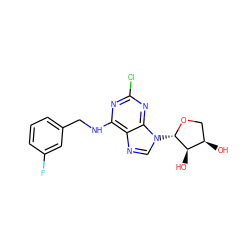 O[C@@H]1CO[C@@H](n2cnc3c(NCc4cccc(F)c4)nc(Cl)nc32)[C@@H]1O ZINC000043071335