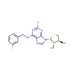 O[C@@H]1CS[C@@H](n2cnc3c(NCc4cccc(F)c4)nc(Cl)nc32)[C@H]1O ZINC000202795467