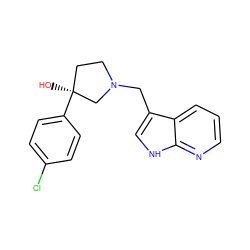 O[C@]1(c2ccc(Cl)cc2)CCN(Cc2c[nH]c3ncccc23)C1 ZINC000040861980