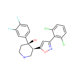 O[C@]1(c2ccc(F)c(F)c2)CCNC[C@@H]1c1cc(-c2c(Cl)cccc2Cl)no1 ZINC000084616584