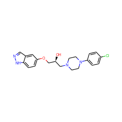 O[C@H](COc1ccc2[nH]ncc2c1)CN1CCN(c2ccc(Cl)cc2)CC1 ZINC000143729452