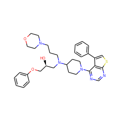 O[C@H](COc1ccccc1)CN(CCCN1CCOCC1)C1CCN(c2ncnc3scc(-c4ccccc4)c23)CC1 ZINC000064539016