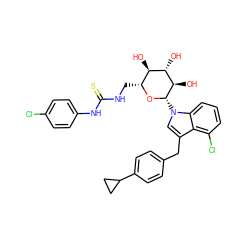 O[C@H]1[C@H](O)[C@@H](O)[C@H](n2cc(Cc3ccc(C4CC4)cc3)c3c(Cl)cccc32)O[C@@H]1CNC(=S)Nc1ccc(Cl)cc1 ZINC000219001790