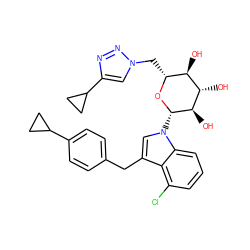 O[C@H]1[C@H](O)[C@@H](O)[C@H](n2cc(Cc3ccc(C4CC4)cc3)c3c(Cl)cccc32)O[C@@H]1Cn1cc(C2CC2)nn1 ZINC000219000329