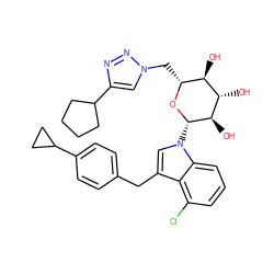 O[C@H]1[C@H](O)[C@@H](O)[C@H](n2cc(Cc3ccc(C4CC4)cc3)c3c(Cl)cccc32)O[C@@H]1Cn1cc(C2CCCC2)nn1 ZINC000219000420