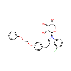 O[C@H]1[C@H](O)CO[C@@H](n2cc(Cc3ccc(OCCOc4ccccc4)cc3)c3c(Cl)cccc32)[C@@H]1O ZINC000066112707