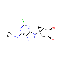 O[C@H]1C[C@@]2(n3cnc4c(NC5CC5)nc(Cl)nc43)C[C@H]2[C@H]1O ZINC001772629616