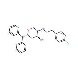 O[C@H]1C[C@H](C(c2ccccc2)c2ccccc2)OC[C@@H]1NCCc1ccc(F)cc1 ZINC000013648536