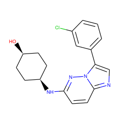 O[C@H]1CC[C@@H](Nc2ccc3ncc(-c4cccc(Cl)c4)n3n2)CC1 ZINC000113135376