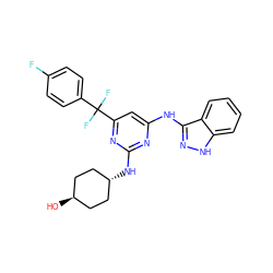 O[C@H]1CC[C@H](Nc2nc(Nc3n[nH]c4ccccc34)cc(C(F)(F)c3ccc(F)cc3)n2)CC1 ZINC000261178933