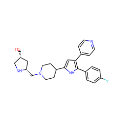 O[C@H]1CN[C@@H](CN2CCC(c3cc(-c4ccncc4)c(-c4ccc(F)cc4)[nH]3)CC2)C1 ZINC000028528825