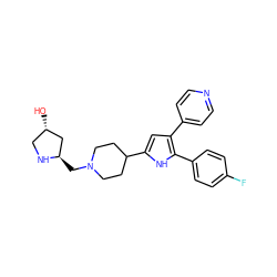 O[C@H]1CN[C@H](CN2CCC(c3cc(-c4ccncc4)c(-c4ccc(F)cc4)[nH]3)CC2)C1 ZINC000028528826