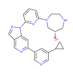 O[C@H]1CNCCN(c2cccc(-n3ncc4cnc(-c5cncc(C6CC6)c5)cc43)n2)C1 ZINC000211034156