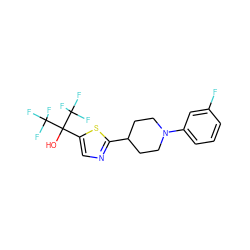 OC(c1cnc(C2CCN(c3cccc(F)c3)CC2)s1)(C(F)(F)F)C(F)(F)F ZINC000064540116